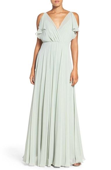 Women's Jenny Yoo 'cassie' Flutter Sleeve Chiffon A-line Gown - Red