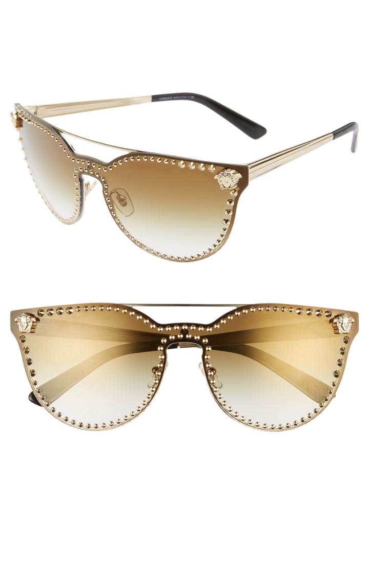 Women's Versace Medusa Stud 145mm Shield Sunglasses - Gold/ Orange Flash Mirror