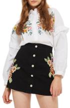 Women's Topshop Embroidered Button Front Denim Skirt Us (fits Like 6-8) - Black