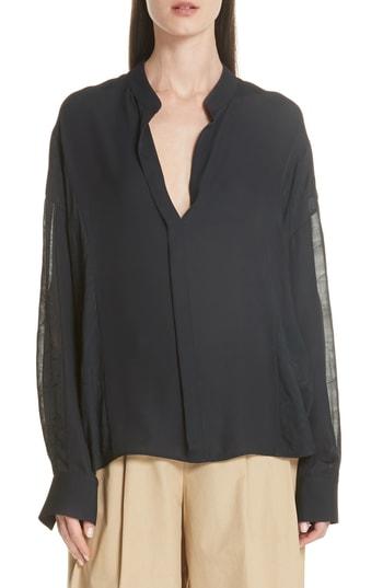 Women's Vince Mixed Media Pullover Silk Blouse - Blue