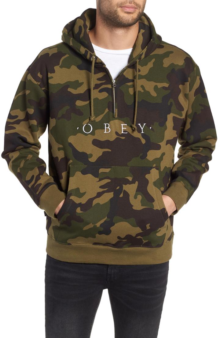 Men's Obey Reason Anorak Half Zip Embroidered Hoodie - Green