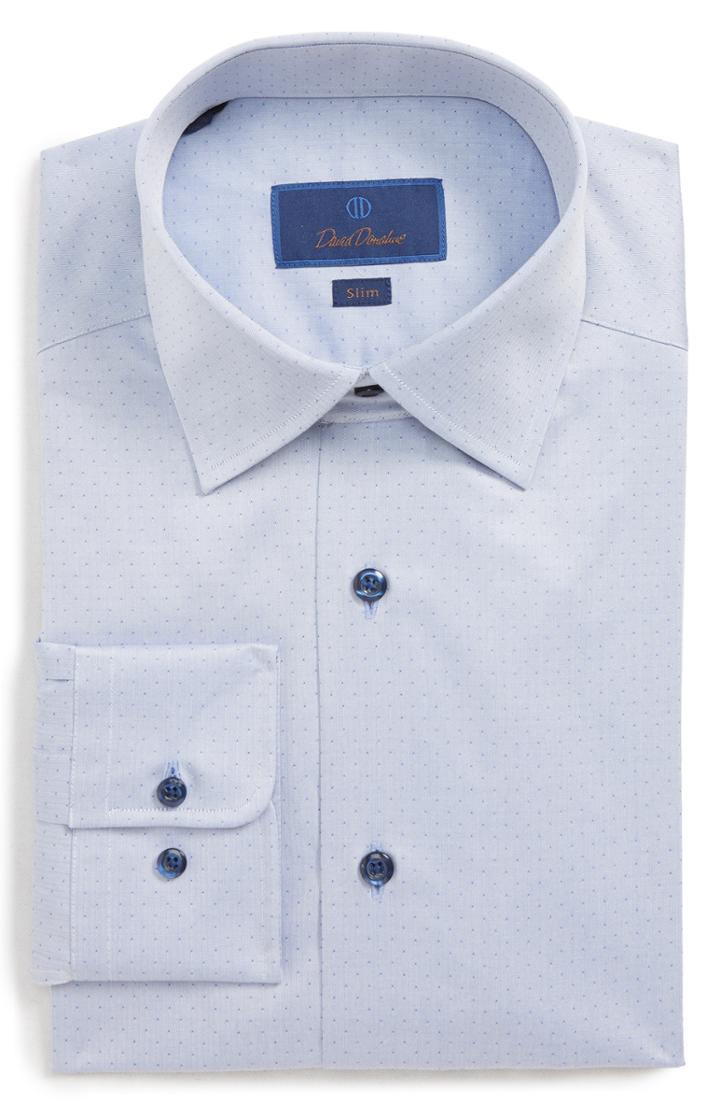 Men's David Donahue Herringbone Dot Slim Fit Dress Shirt - 34/35 - Blue