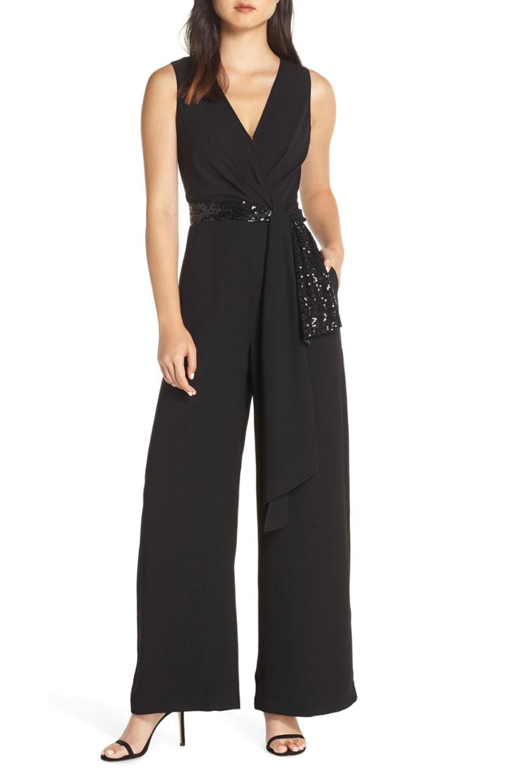 Women's Eliza J Sequin Wrap Detail Jumpsuit - Black