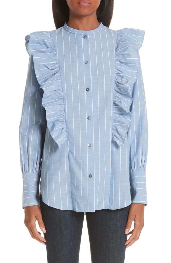 Women's Rejina Pyo Isla Ruffle Pinstripe Blouse Us / 10 Uk - Blue