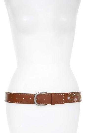 Women's Treasure & Bond Rose Embroidered Studded Faux Leather Belt - Cognac