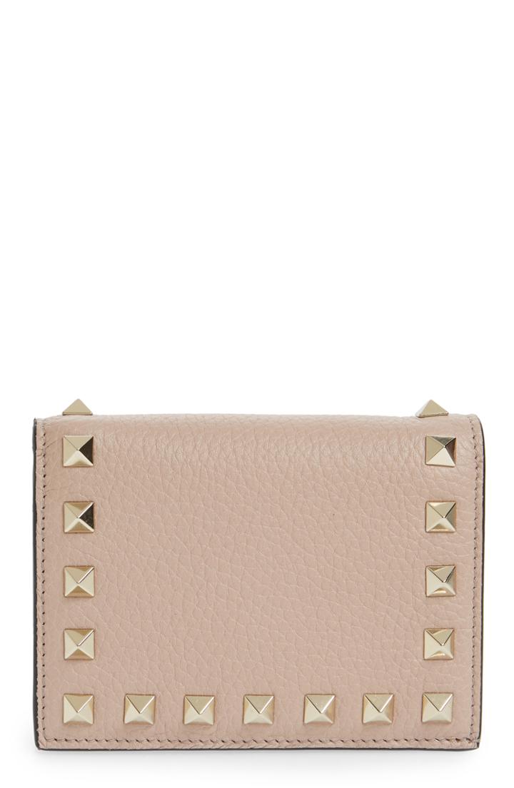Women's Valentino Garavani Rockstud Calfskin Leather French Wallet - Beige