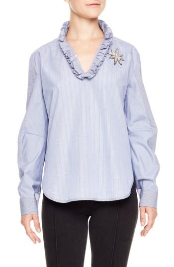 Women's Sandro Ruffle Neck Mix Pattern Blouse - Blue