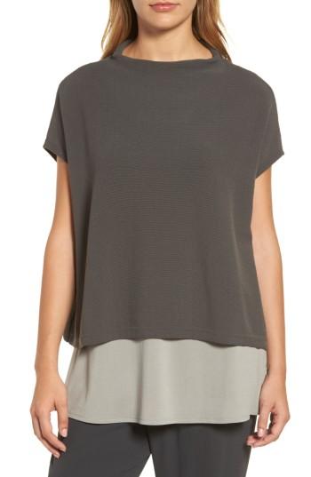 Women's Eileen Fisher Organic Cotton Blend Funnel Neck Sweater, Size - Brown