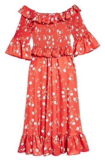 Women's Topshop Shirred Ruffle Midi Dress Us (fits Like 0) - Red