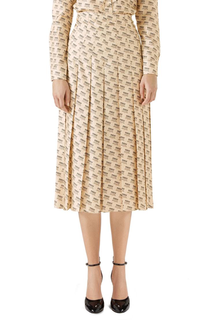 Women's Gucci Stamp Logo Pleated Silk Skirt Us / 44 It - Ivory