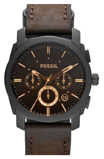 Men's Fossil Round Chronograph Leather Strap Watch