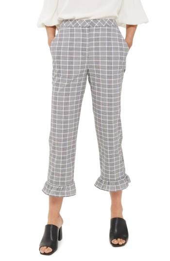 Women's Topshop Slim Fit Check Ruffle Capri Pants Us (fits Like 0) - Grey