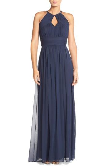 Women's Dessy Collection Ruched Chiffon Keyhole Halter Gown - Blue