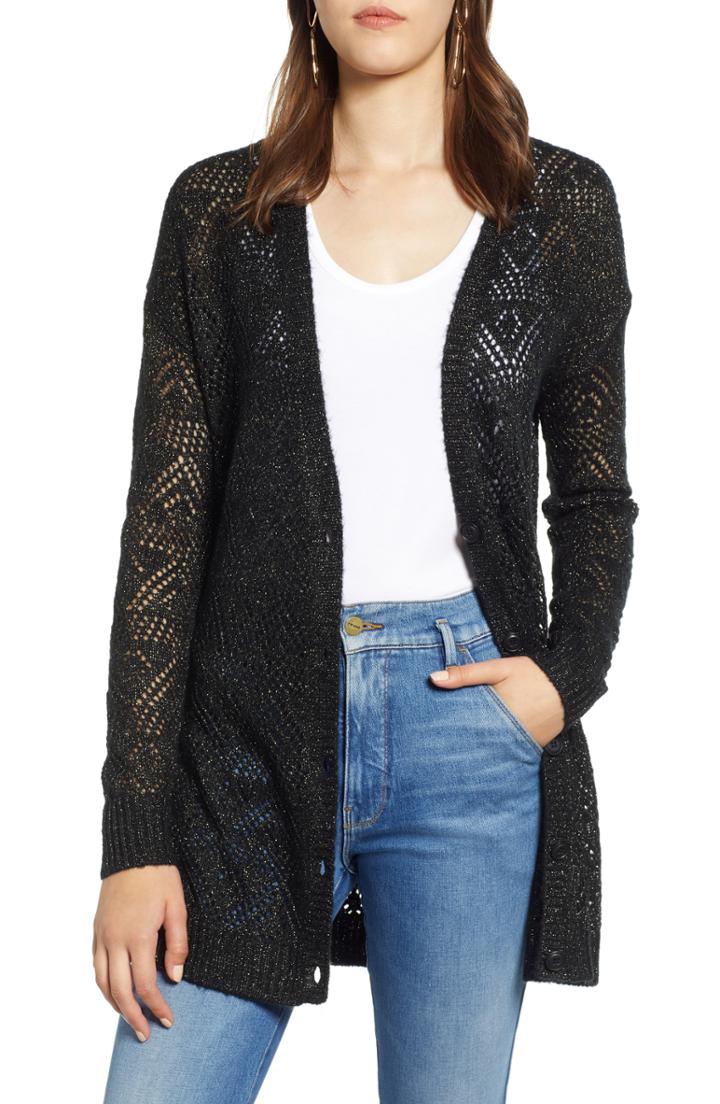 Women's Halogen Metallic Pointelle Cardigan, Size - Black