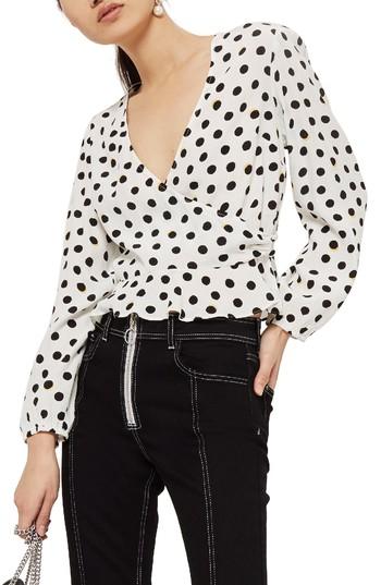 Women's Topshop Shadow Spot Print Wrap Blouse Us (fits Like 0) - White