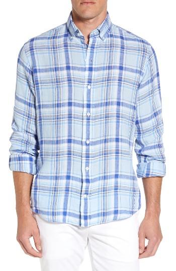 Men's Ledbury The Kingcrest Trim Fit Plaid Linen Sport Shirt - Blue