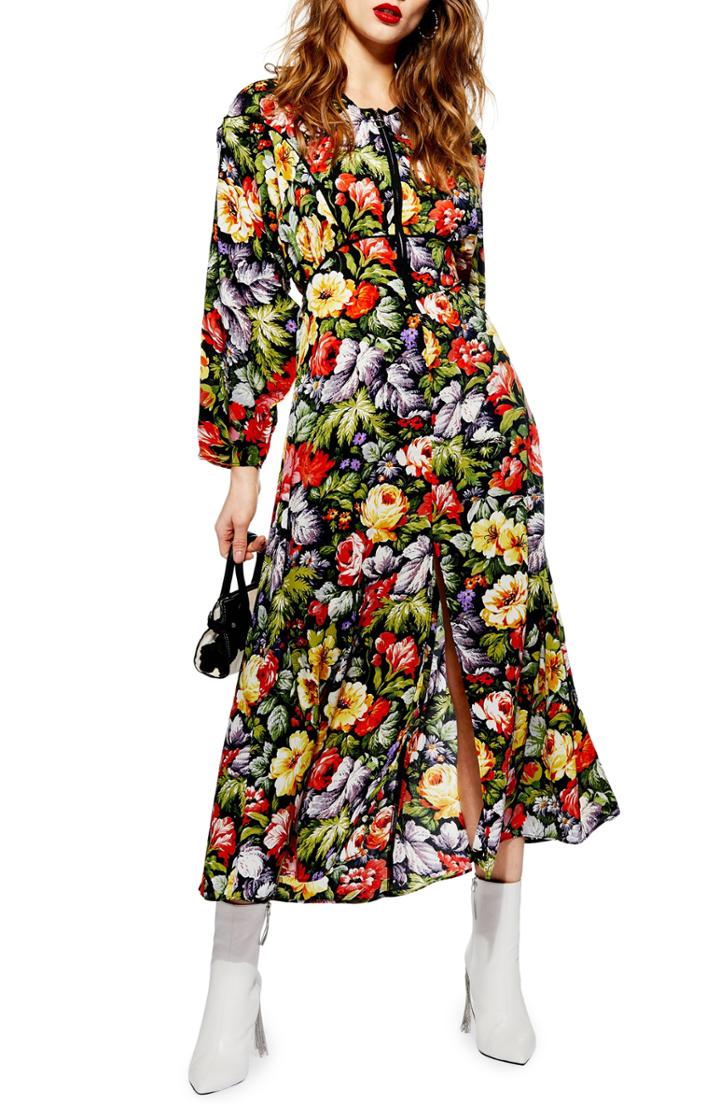 Women's Topshop Floral Zip Through Midi Dress Us (fits Like 0) - Green
