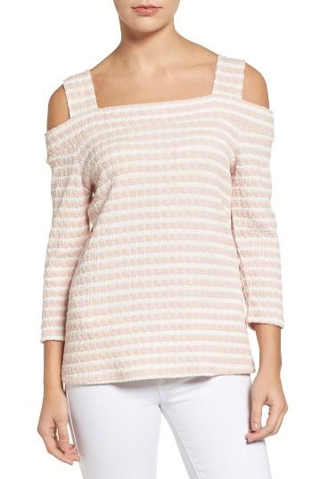 Women's Kut From The Kloth Fridi Texture Stripe Cold Shoulder Top - White