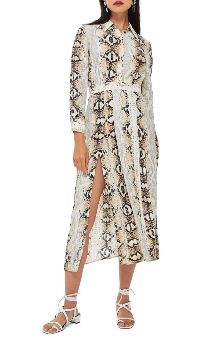 Women's Topshop Snake Print Pleated Shirtdress Us (fits Like 0-2) - Brown