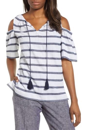 Women's Chaus Stripe Cold Shoulder Cotton Gauze Top - White