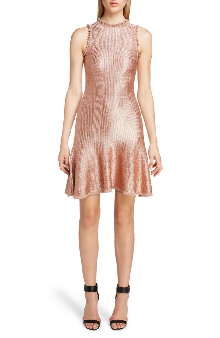 Women's Alexander Mcqueen Ruffle Trim Metallic Ribbed Dress - Pink
