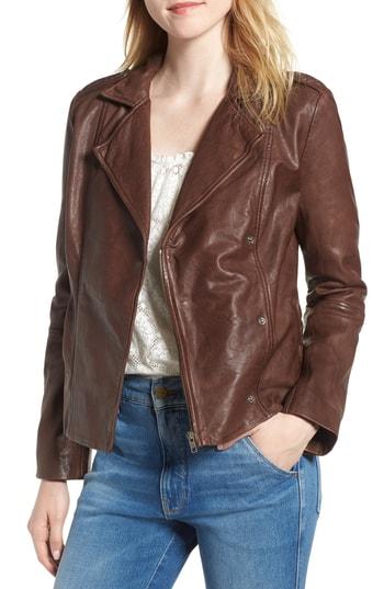 Women's Hinge Feminine Leather Moto Jacket, Size - Brown