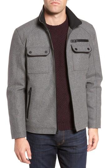 Men's Black Rivet Stand Collar Wool Blend Jacket - Grey