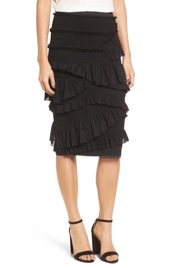 Women's Chelsea28 Mesh & Smocked Ruffle Pencil Skirt, Size - Black