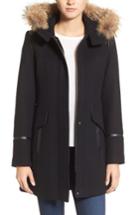 Women's Trina Turk 'riley' Wool Blend Coat With Genuine Fur Trim Hood - Black