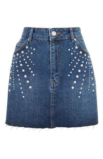 Women's Topshop Spray Studded Denim Skirt Us (fits Like 0) - Blue