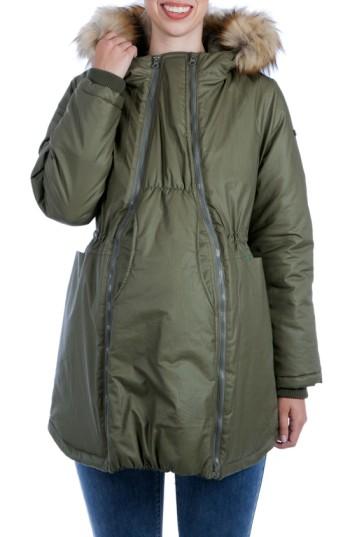 Women's Modern Eternity Sofia Waxed Shell Maternity Jacket With Faux Fur Trim - Green