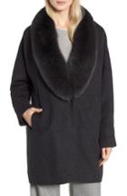 Women's Hiso Genuine Blue Fox Fur Collar Long Coat - Grey