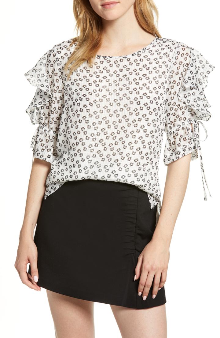 Women's 1.state Flower Etching Ruffle Sleeve Top, Size - White