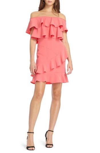 Women's Ml Monique Lhuillier Off The Shoulder Ruffle Crepe Dress - Pink