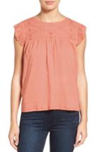 Women's Caslon Eyelet Embroidered Flutter Sleeve Top - Coral