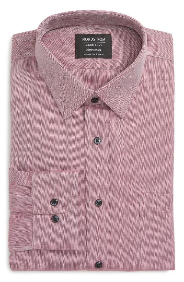 Men's Nordstrom Men's Shop Smartcare(tm) Trim Fit Herringbone Dress Shirt - 32/33 - Burgundy