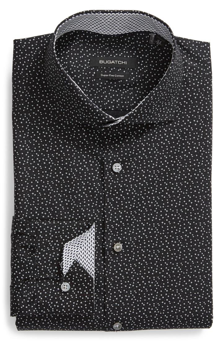 Men's Bugatchi Trim Fit Star Dot Print Dress Shirt .5 - Black