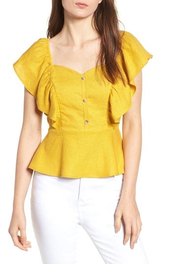 Women's Bp. Flutter Sleeve Peplum Linen Blend Top, Size - Yellow