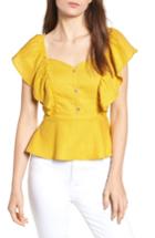 Women's Bp. Flutter Sleeve Peplum Linen Blend Top, Size - Yellow