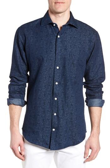 Men's Peter Millar Crown Cool Paisley Denim Sport Shirt - Blue