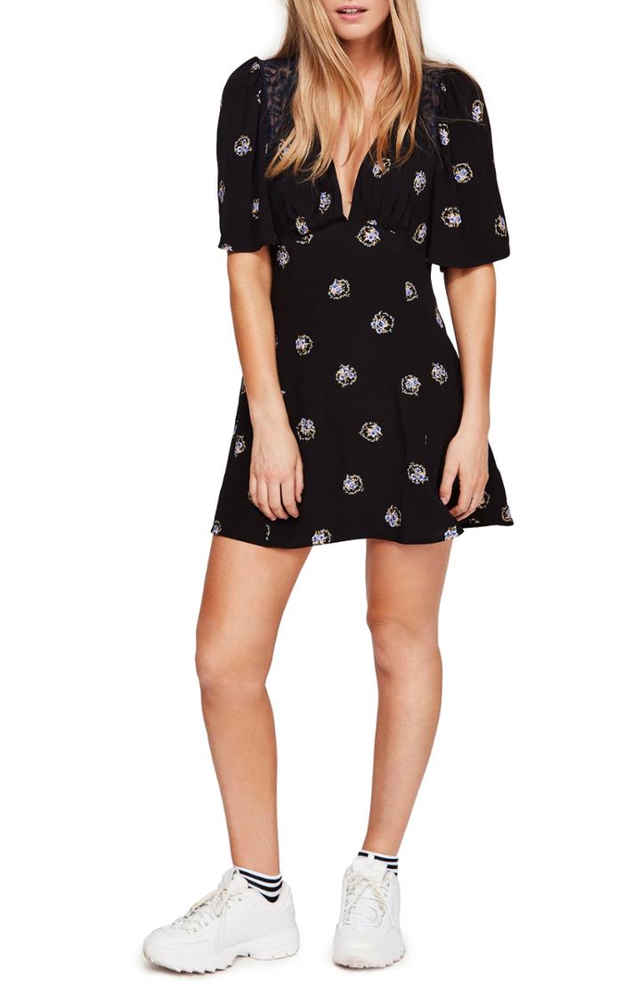 Women's Free People Mockingbird Embroidered Mesh Inset Minidress - Black
