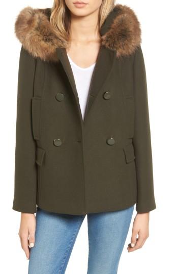 Women's Kate Spade New York Faux Fur Trim Hooded Peacoat - Green