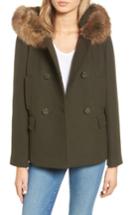 Women's Kate Spade New York Faux Fur Trim Hooded Peacoat - Green