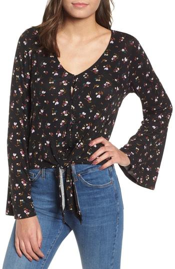 Women's Love, Fire Tie Front Bell Sleeve Blouse - Black