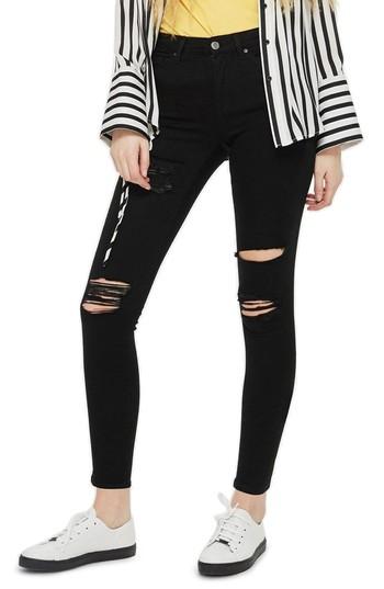 Women's Topshop Moto Leigh Super Rip Jeans W X 30l (fits Like 24w) - Black