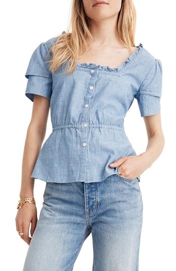 Women's Madewell Chambray Ruffle Sleeve Peplum Top, Size - Blue
