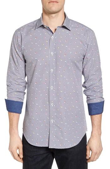 Men's Bugatchi Floral Print Shaped Fit Sport Shirt - Red