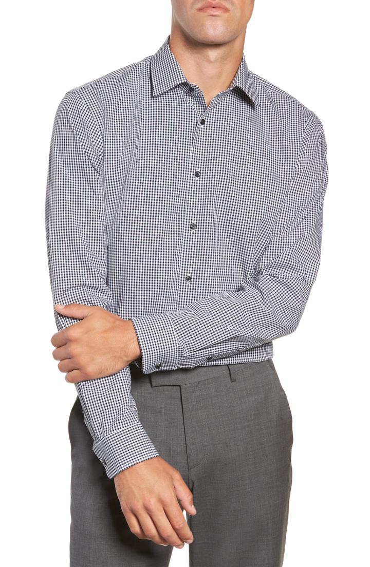 Men's Nordstrom Men's Shop Tech-smart Trim Fit Stretch Check Dress Shirt .5 - 34/35 - Black