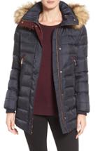 Women's Vince Camuto Quilted Coat With Faux Fur Trim Hood - Blue