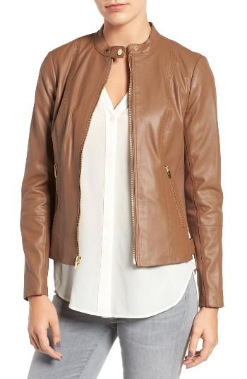 Women's Via Spiga Leather & Ponte Band Collar Jacket - Red